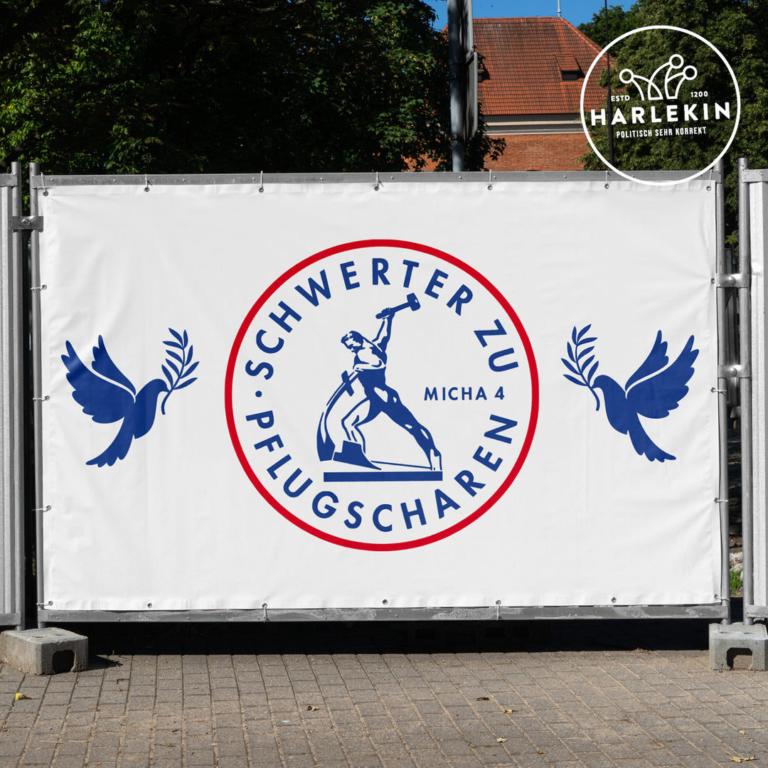 BAUZAUNBANNER 3,4 m x 1,7 m • SCHWERTER ZU PFLUGSCHAREN