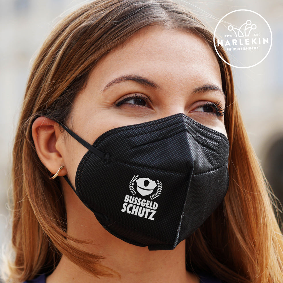 3ER-PACK / 3 MASKEN FFP2 • BUSSGELDSCHUTZ - SCHWARZ / EDLER SIEBDRUCK-HARLEKINSHOP
