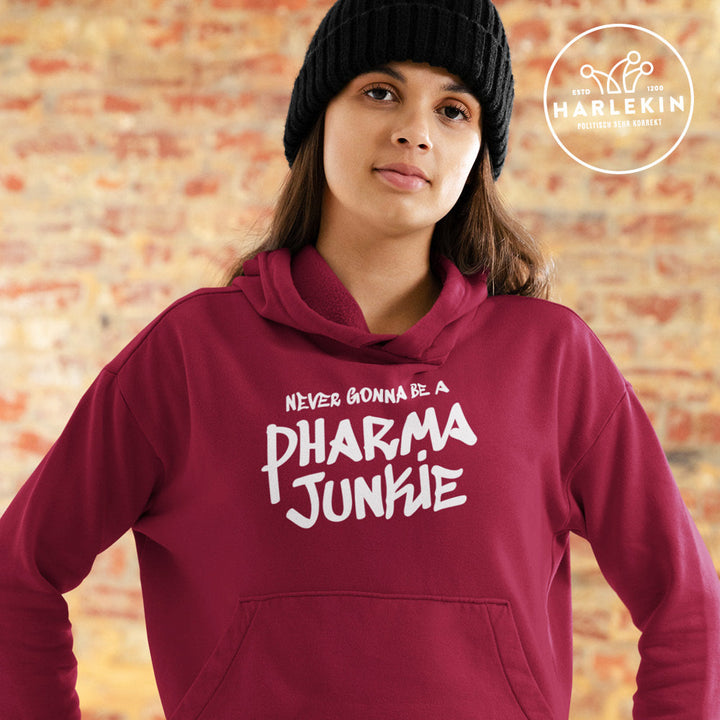 DIE MÖHRE: GRÜNZEUG ORGANIC HOODIE MÄDELS • NEVER GONNA BE A PHARMA JUNKIE - DUNKEL-HARLEKINSHOP