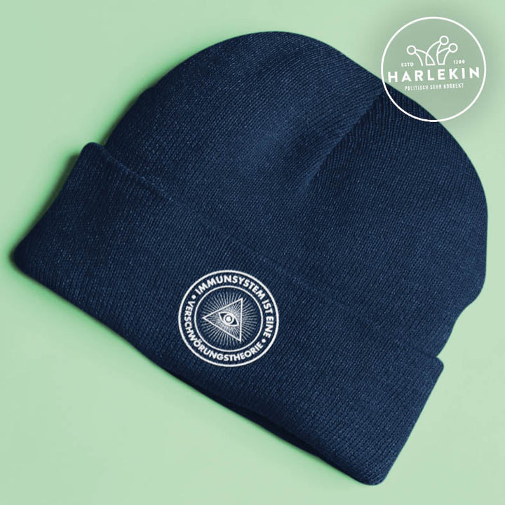 QUERLEUGNER BEANIE MÜTZE • IMMUNSYSTEM IST EINE VERSCHWÖRUNGSTHEORIE // EDLER STICK-HARLEKINSHOP