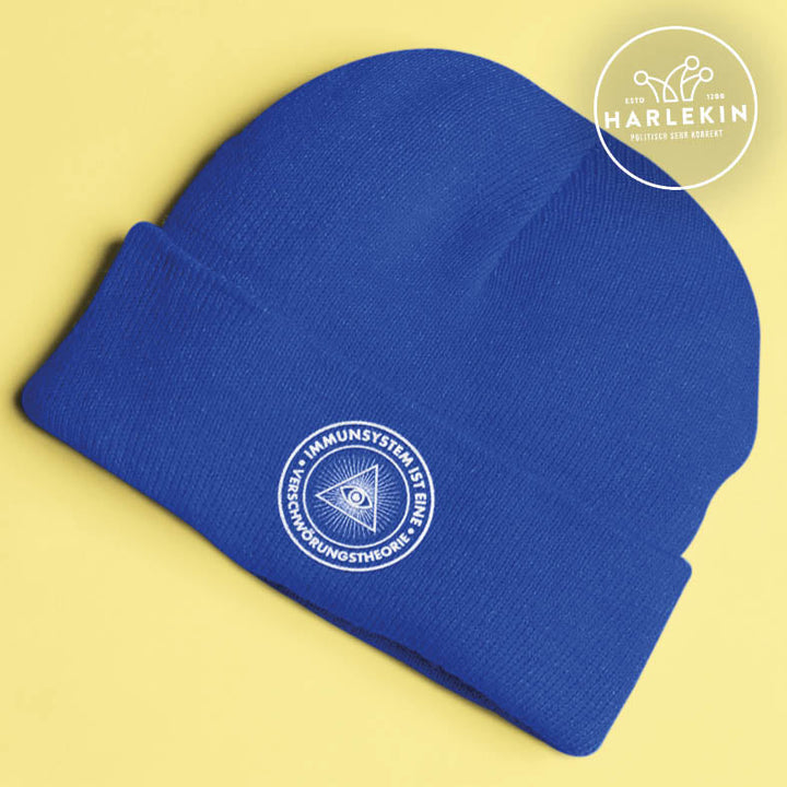 QUERLEUGNER BEANIE MÜTZE • IMMUNSYSTEM IST EINE VERSCHWÖRUNGSTHEORIE // EDLER STICK-HARLEKINSHOP