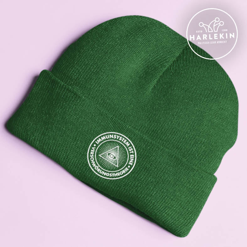 QUERLEUGNER BEANIE MÜTZE • IMMUNSYSTEM IST EINE VERSCHWÖRUNGSTHEORIE // EDLER STICK-HARLEKINSHOP