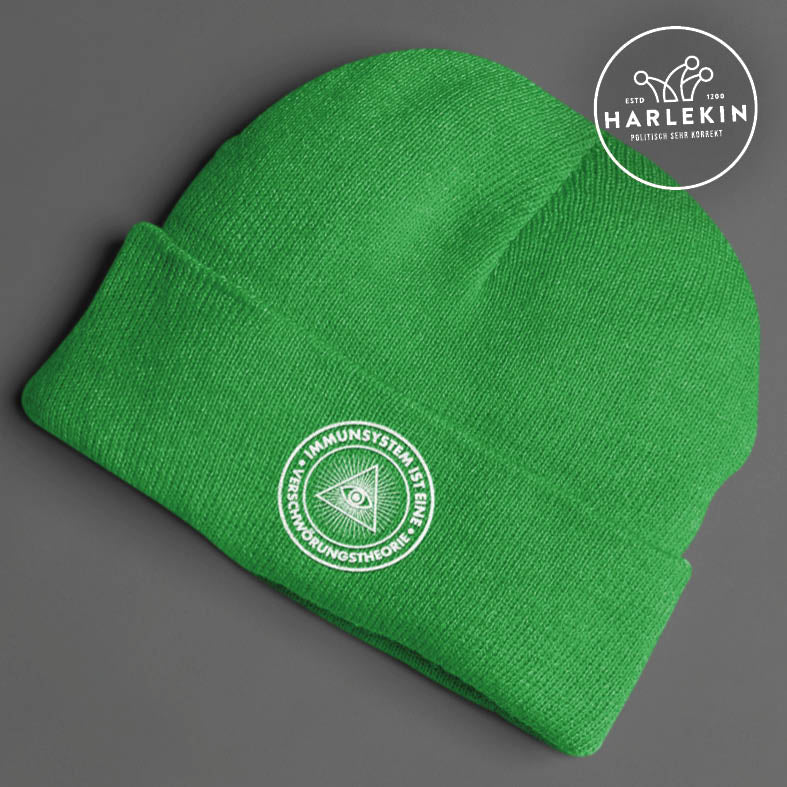 QUERLEUGNER BEANIE MÜTZE • IMMUNSYSTEM IST EINE VERSCHWÖRUNGSTHEORIE // EDLER STICK-HARLEKINSHOP