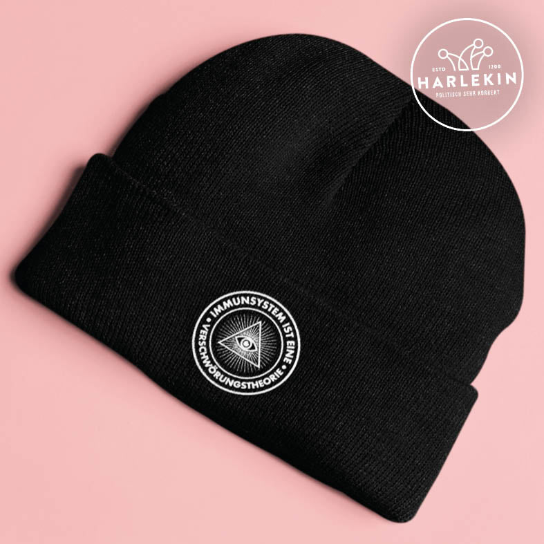 QUERLEUGNER BEANIE MÜTZE • IMMUNSYSTEM IST EINE VERSCHWÖRUNGSTHEORIE // EDLER STICK-HARLEKINSHOP