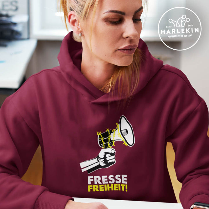 QUERLEUGNER ORGANIC HOODIE MÄDELS • FRESSEFREIHEIT / MEGAPHON-HARLEKINSHOP