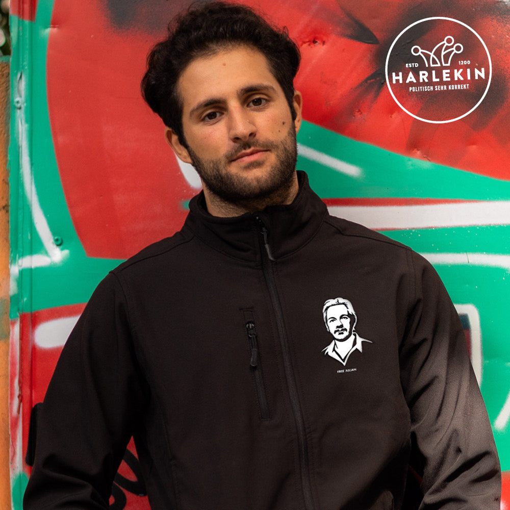 SOFTSHELL JACKE BUBEN / EDLER STICK • FREE ASSANGE / FREE JULIAN - DUNKEL-HARLEKINSHOP