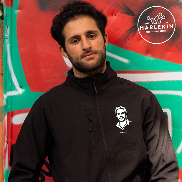 SOFTSHELL JACKE BUBEN / EDLER STICK • FREE ASSANGE / FREE JULIAN - DUNKEL-HARLEKINSHOP