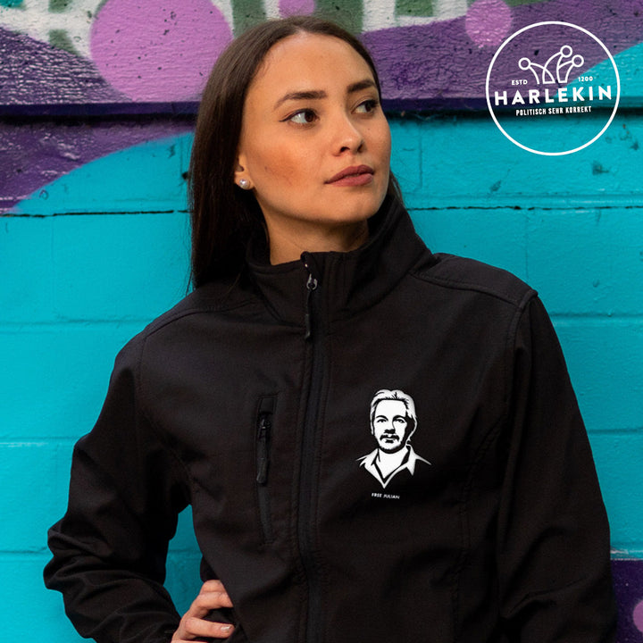 SOFTSHELL JACKE MÄDELS / EDLER STICK • FREE ASSANGE / FREE JULIAN - DUNKEL-HARLEKINSHOP