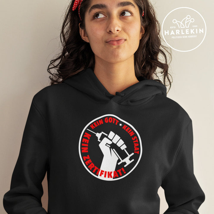 SPASSKULTUR HOODIE MÄDELS • KEIN GOTT KEIN STAAT KEIN ZERTIFIKAT-HARLEKINSHOP