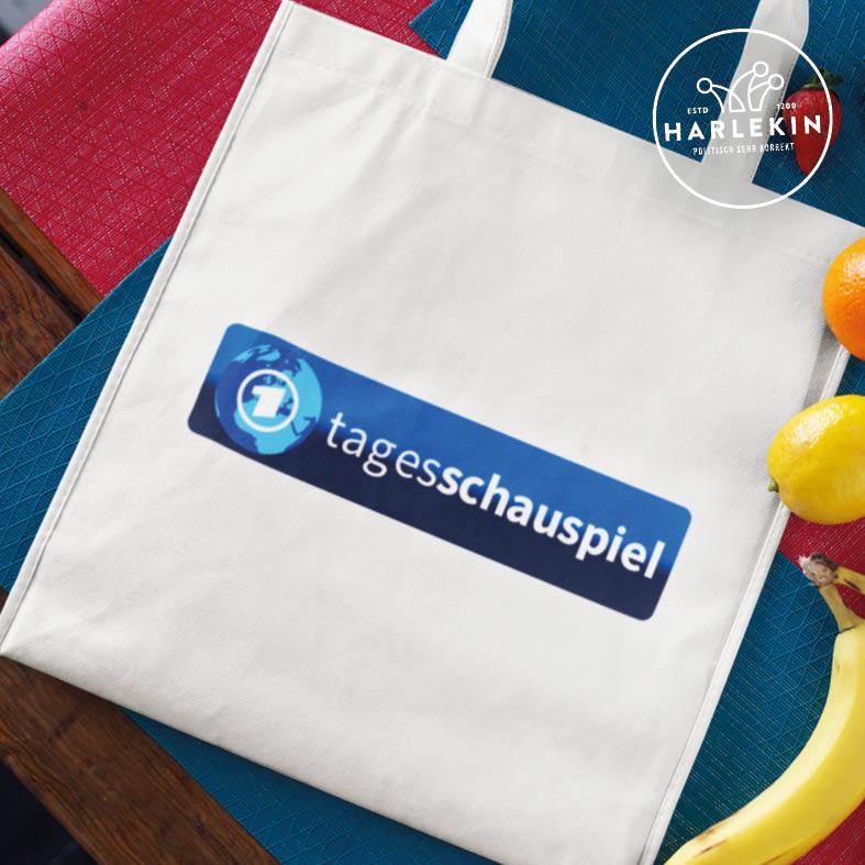 ADBUSTING & GUERILLA STOFFTASCHE • TAGESSCHAUSPIEL LOGO-HARLEKINSHOP